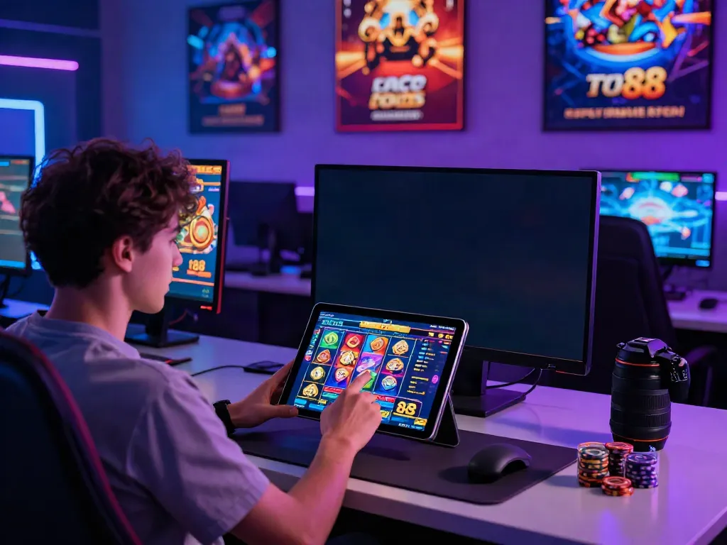 Player engaging with a vibrant slot88 game on a tablet in a modern gaming setup, showcasing gameplay excitement.