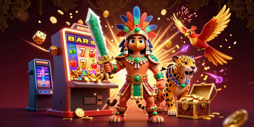 Experience the excitement of ao88 with a jackpot explosion, Aztec warriors, and colorful slot machines.