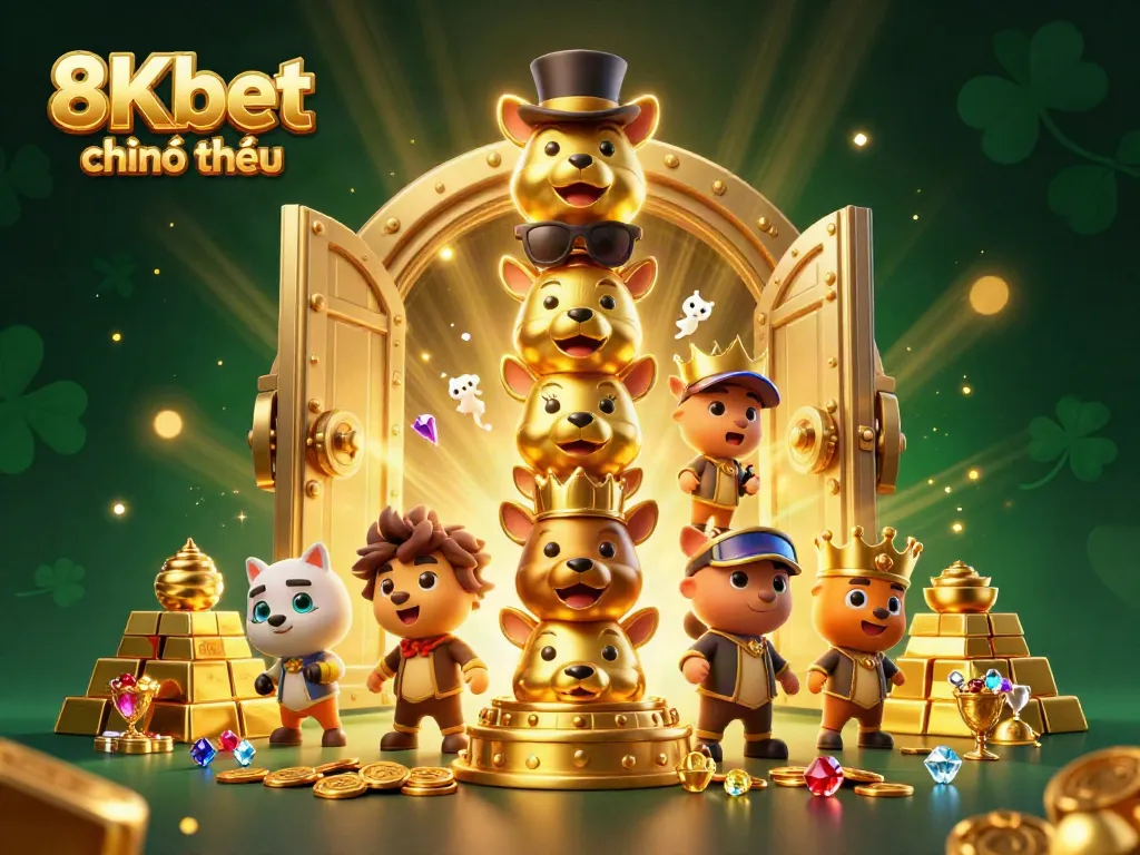 Experience the thrill of 8Kbet chính thức with this vibrant casino-themed illustration showcasing a golden totem and treasure elements.