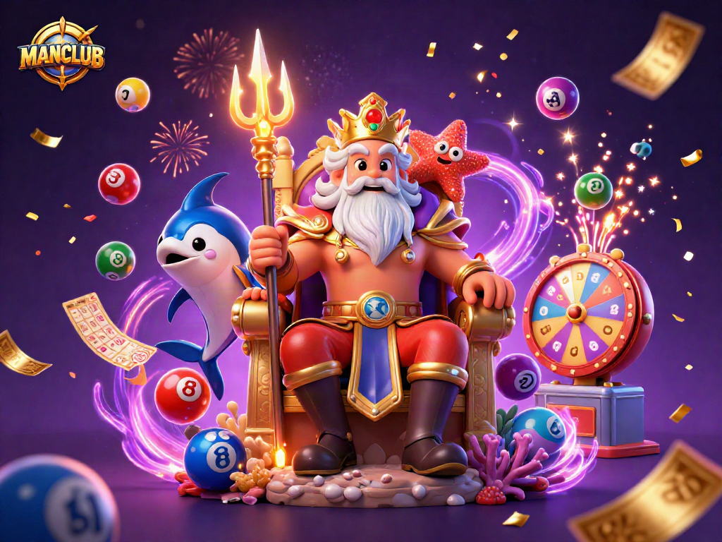 Engage in MANCLUB lottery fun with Neptune, colorful balls, and vibrant bingo elements.