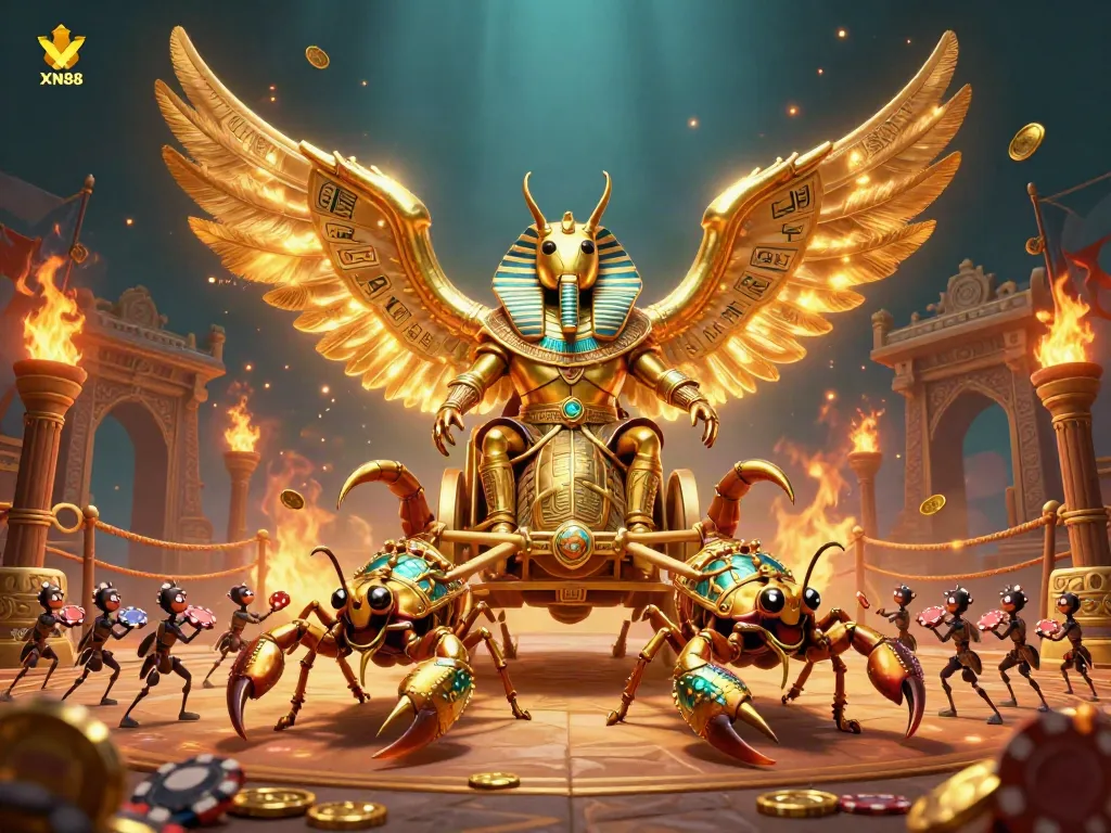 Experience exhilarating gameplay with XN88's vibrant casino theme featuring glowing scarab and scorpion characters.