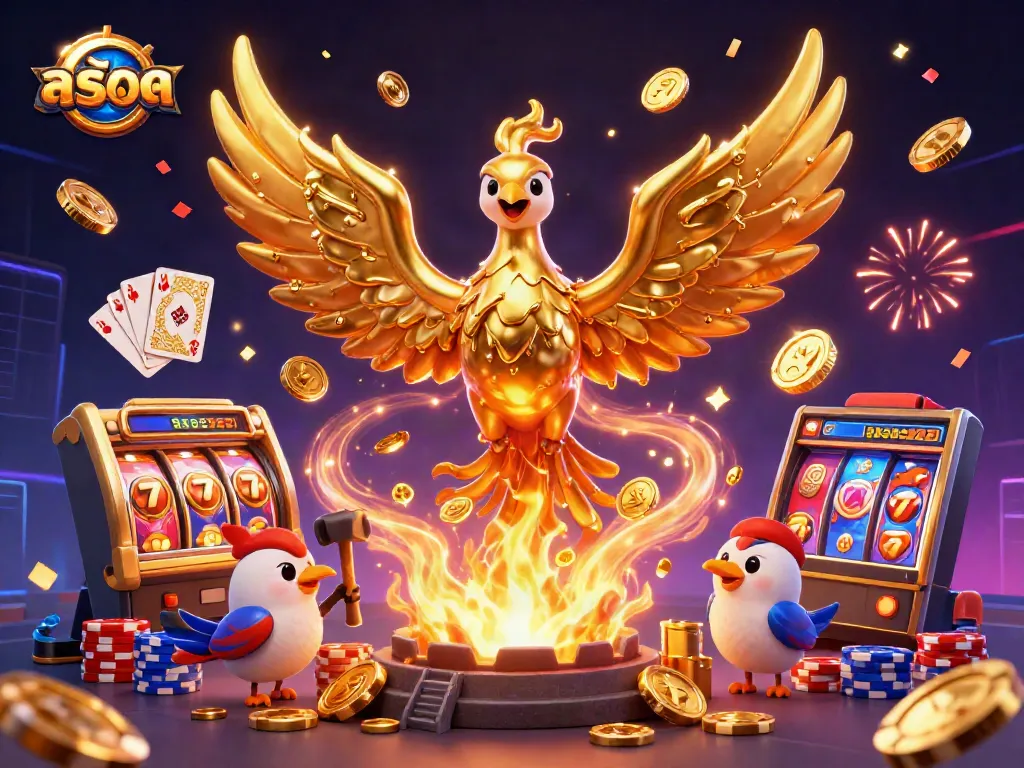 Spin slots and win big with สล็อต, featuring a golden phoenix, vibrant casino elements, and cheerful atmosphere.