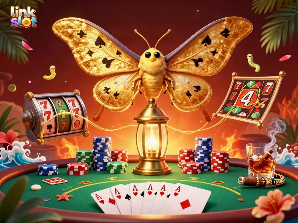Engage with link slot gaming through this vibrant 3D illustration showcasing a moth and rich casino elements.