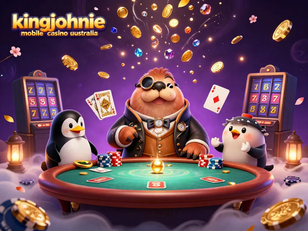 Experience the excitement of kingjohnnie mobile casino australia with a vibrant poker scene featuring animated characters.