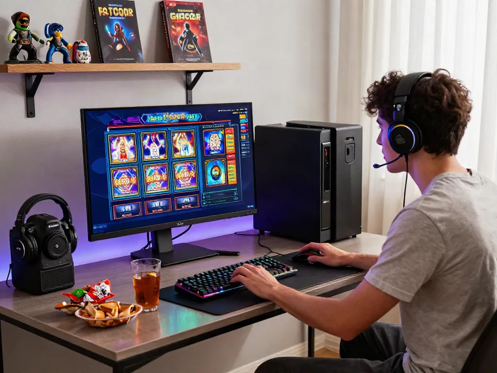 Engaging gaming scene showcasing a player experiencing slot gacor gampang menang with modern setup and vibrant atmosphere.