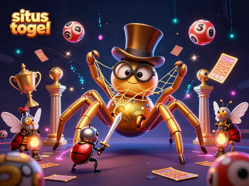 Experience situs togel excitement with a golden tarantula and lottery elements in vivid 3D style.