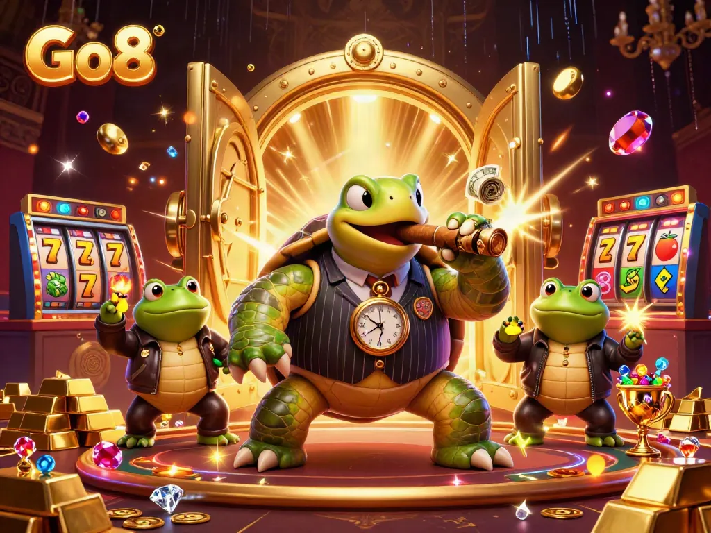 Go8 showcases an extravagant casino scene with a snapping turtle mobster and bullfrog enforcers, surrounded by treasure.