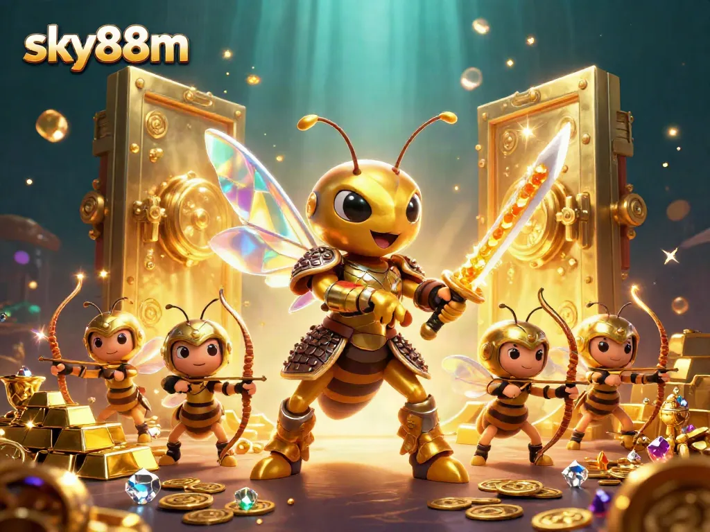 Engage in exciting games with sky88m's vibrant 3D casino illustration showcasing thrilling treasures!