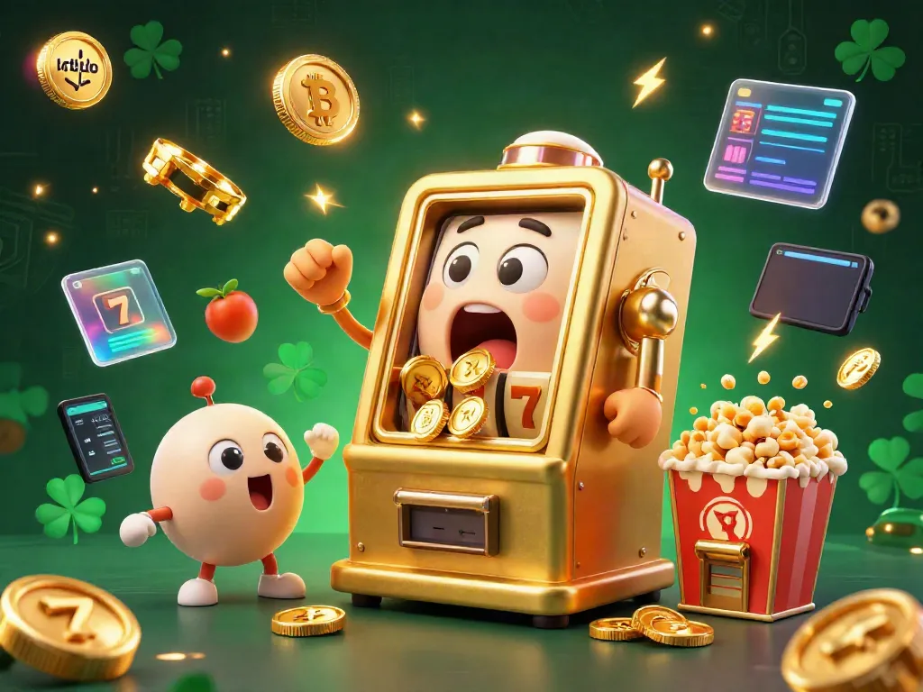 Experience hitclub thrills with a golden slot machine celebrating its jackpot amidst vibrant crypto elements.