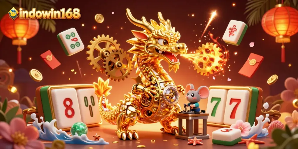Join the excitement at indowin168 with a golden dragon breathing gears and vibrant casino elements.