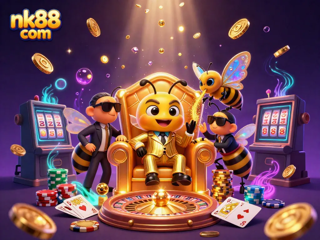 Engage in thrilling betting with nk88 com as the cartoon mob boss leads a colorful 3D casino scene.