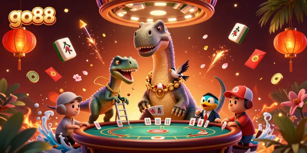 Experience thrilling gameplay at go88 with a playful dinosaur hover over a poker table
