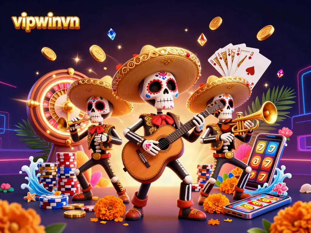 Engage with vipwinvn's vibrant online casino scene featuring a skeleton mariachi band, sparkling gems, and golden coins.