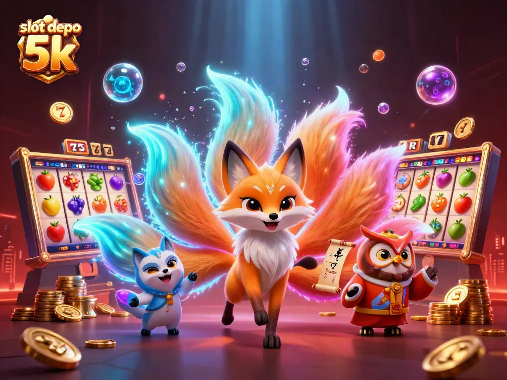 Experience thrilling gameplay with slot depo 5k, featuring vibrant slots, colorful graphics, and illuminated characters.