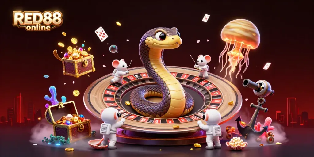 Engage with RED88 online's thrilling cosmic casino scene featuring vibrant characters and rich gambling elements.