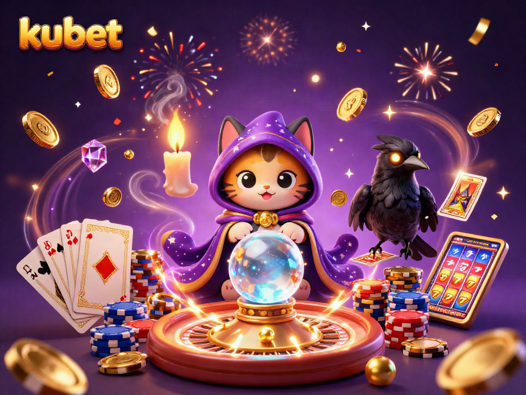 Experience thrilling kubet casino games with a mystical cat, glowing raven, and vibrant elements.