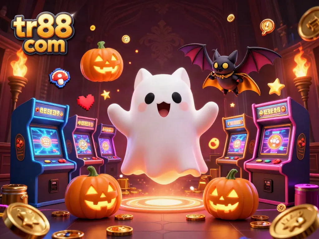 Engage with tr88 com's thrilling atmosphere, featuring a ghost cat and vampire bat in a vibrant casino setting.