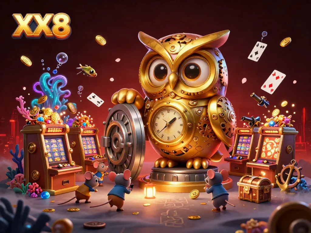 Experience the excitement of XX8 with dynamic casino action featuring a golden owl and vibrant game elements.