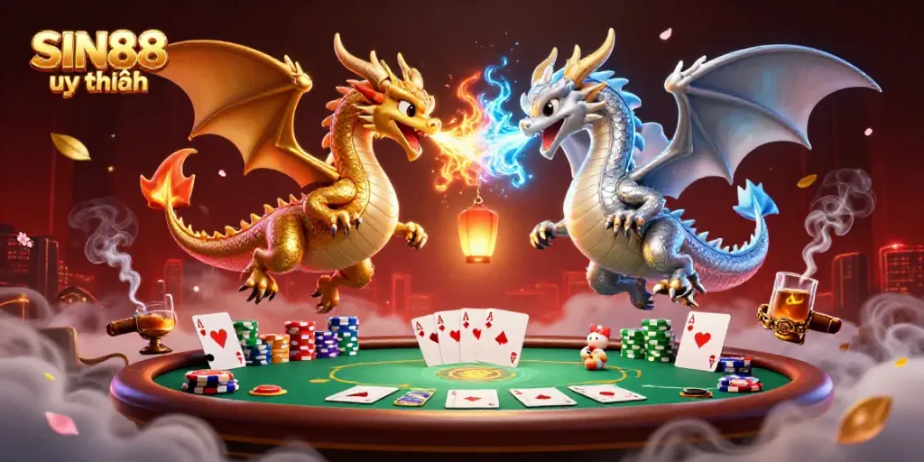 Engage in exciting gameplay with SIN88 uy tín in a captivating 3D casino scene featuring dragons and poker elements.