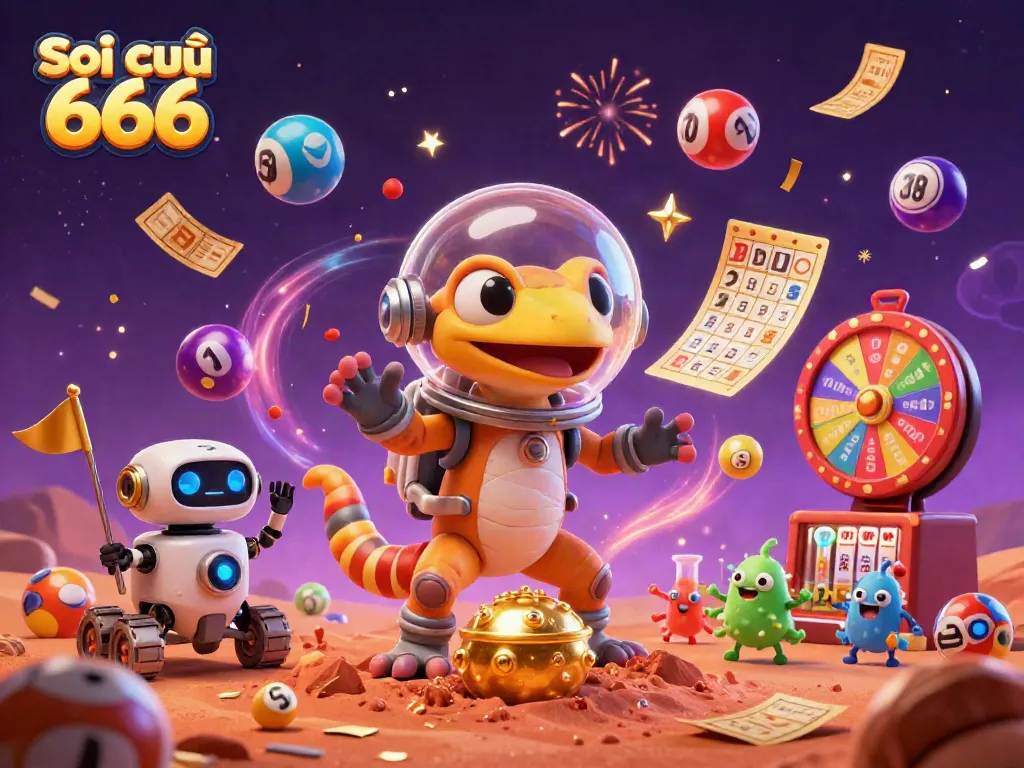 Soi cầu 666 showcases a Martian gecko discovering a golden casino surrounded by colorful lottery elements.