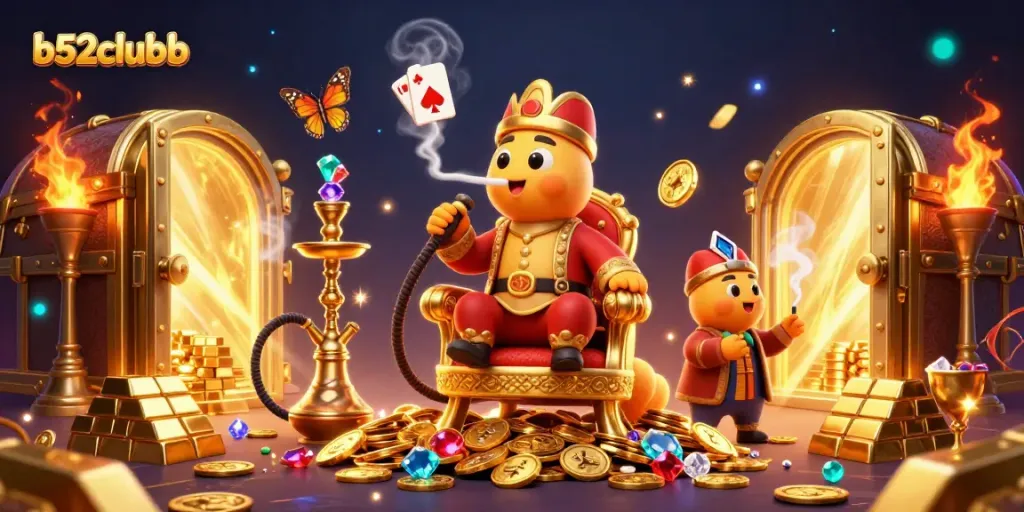 Experience thrilling gameplay with b52clubb in a vibrant casino scene featuring poker symbols and treasures.
