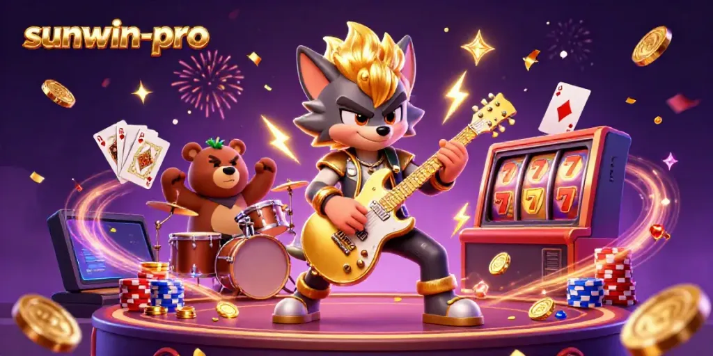 Experience sunwin-pro excitement with a rock star wolf and drummer bear on a dynamic casino stage.
