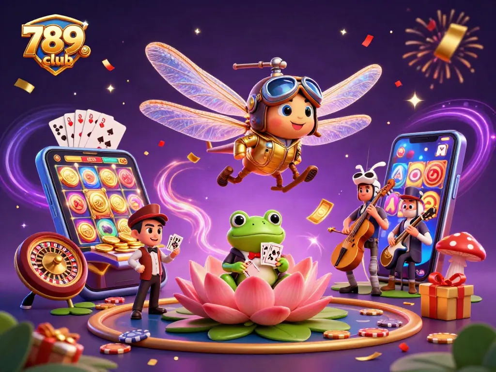 Experience thrilling gameplay at 789club with a vibrant casino scene featuring dragonflies and card games.
