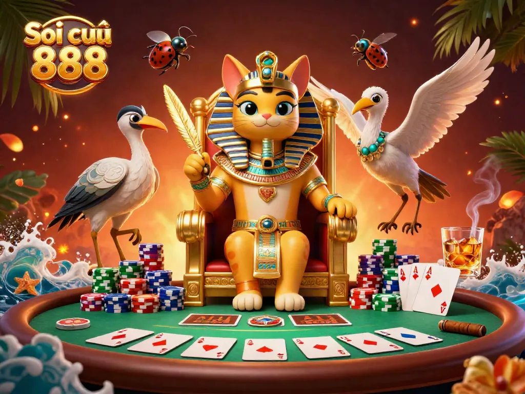 Experience Soi cầu 888 through a vibrant scene featuring a pharaoh cat and gaming elements.