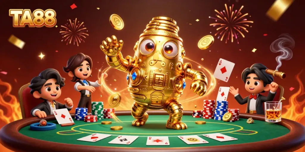 TA88 featuring an engaging golden golem and vibrant poker scene full of action and celebration.