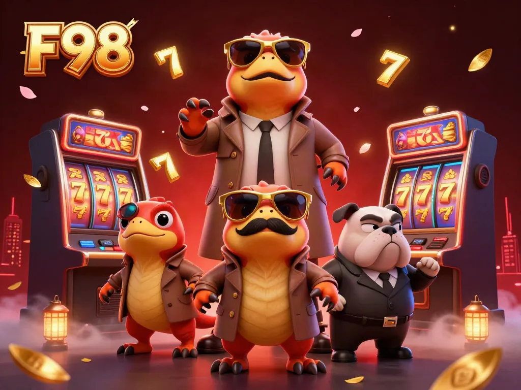 Three raptors in a trench coat attempting VIP entry at a casino, showcasing F98 branding.