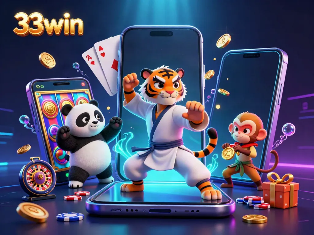 Experience the thrill of 33win with a dynamic 3D casino scene featuring a kung fu tiger and playful characters.