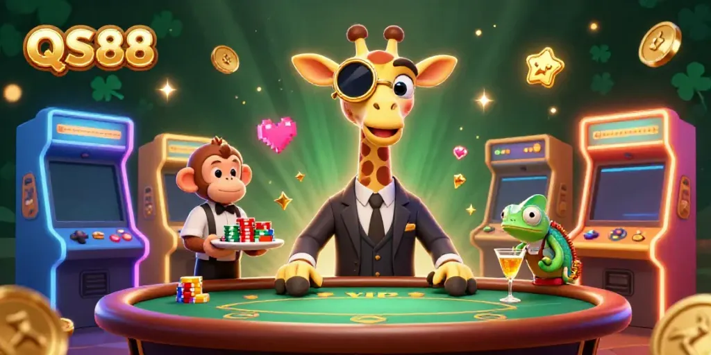 Experience the vibrant gambling world at QS88 with a high-roller giraffe, monkey valet, and chameleon bartender.