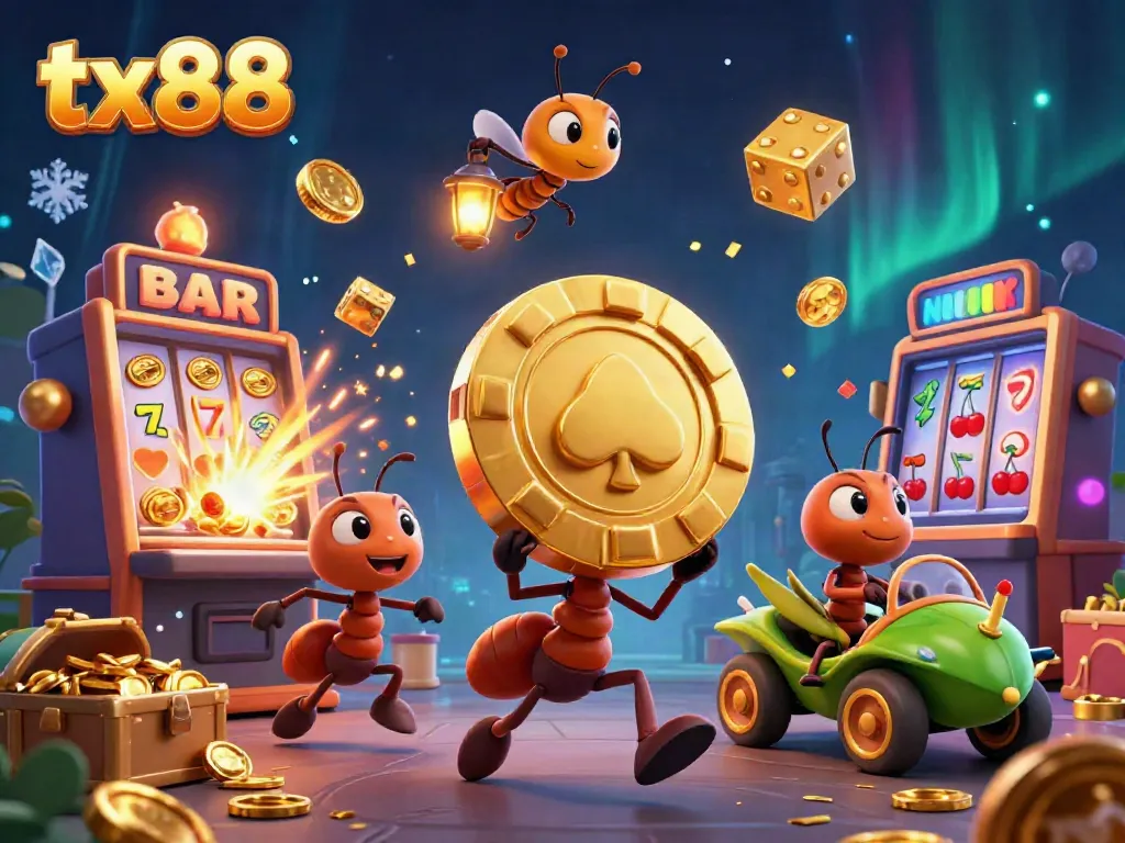 Join the tx88 heist with a cartoon team of ants as they run with a giant poker chip in a vibrant casino scene.