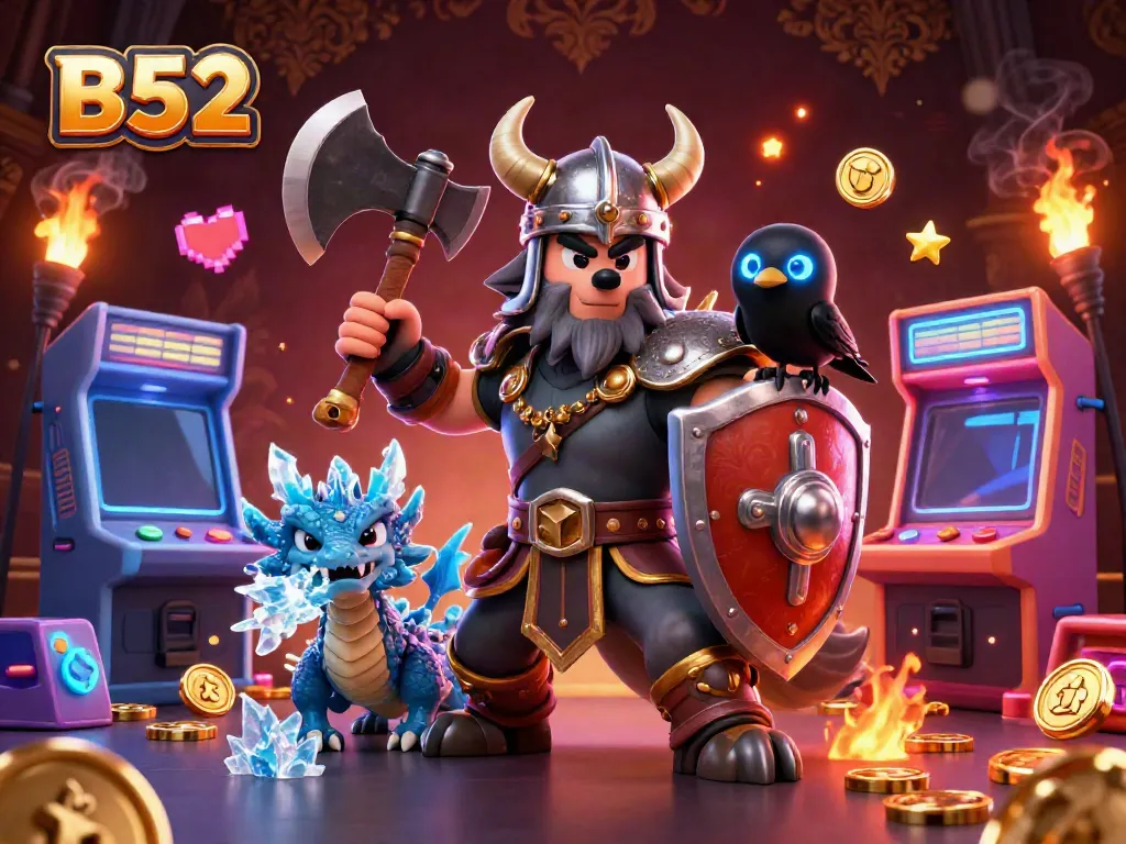 Engage with B52 slot games as a Viking warrior battles alongside a fierce dragon in a dynamic casino scene.