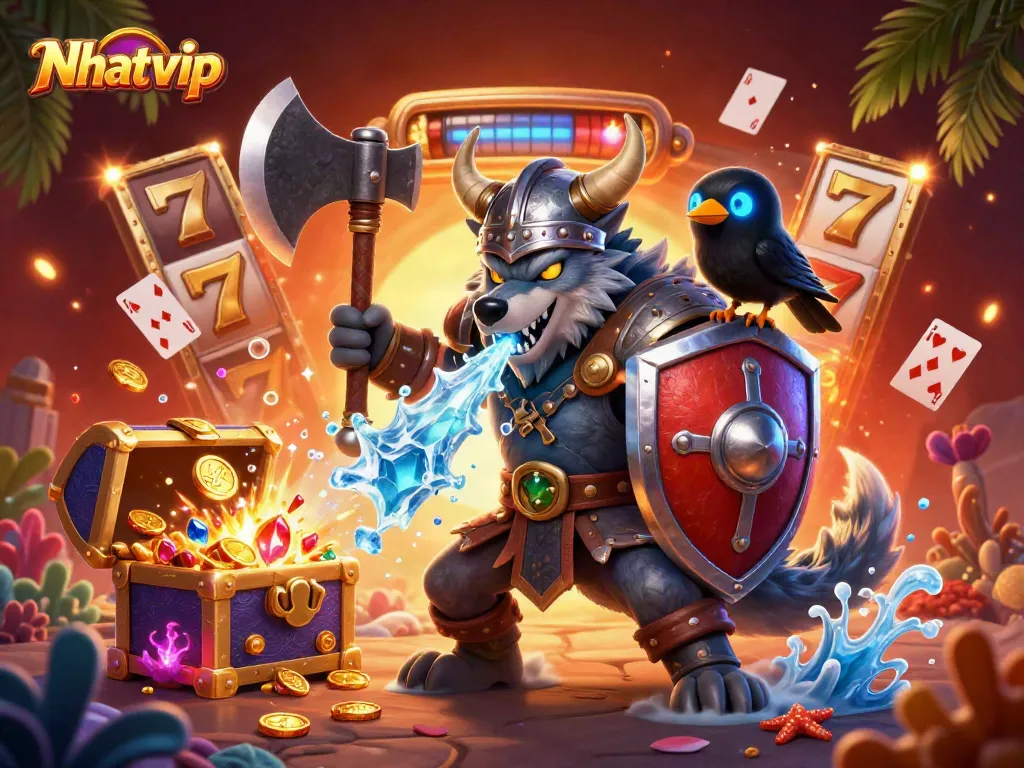 Nhatvip captivates gamers with a Viking warrior, dragon, and lively slot elements in an action-packed scene.