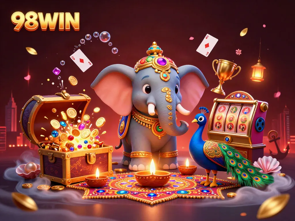 Celebrate winnings at 98WIN with a vibrant scene of a cartoon elephant, slots, and gold coins