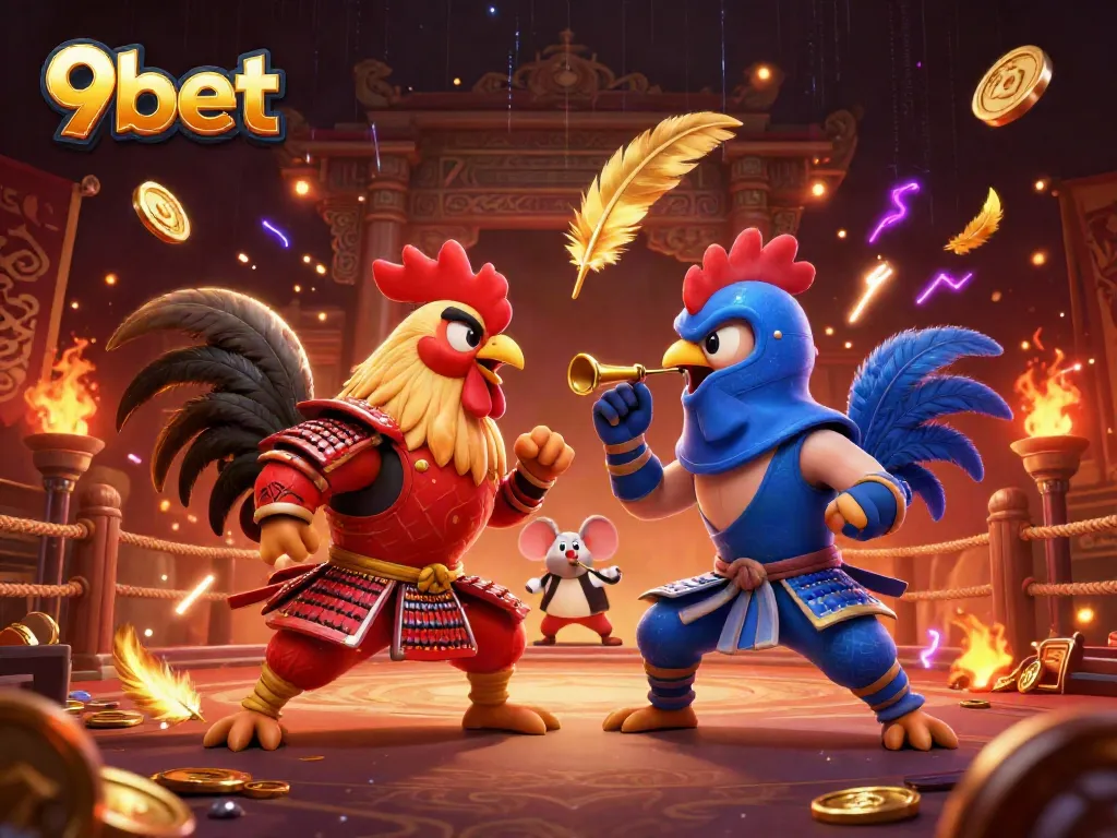 Witness the excitement of 9bet with a dynamic standoff between cartoon roosters in a vibrant casino arena.