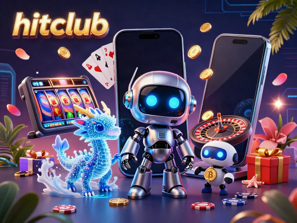 Hitclub engages players with thrilling slots surrounded by a vibrant cyberpunk-themed 3D illustration.