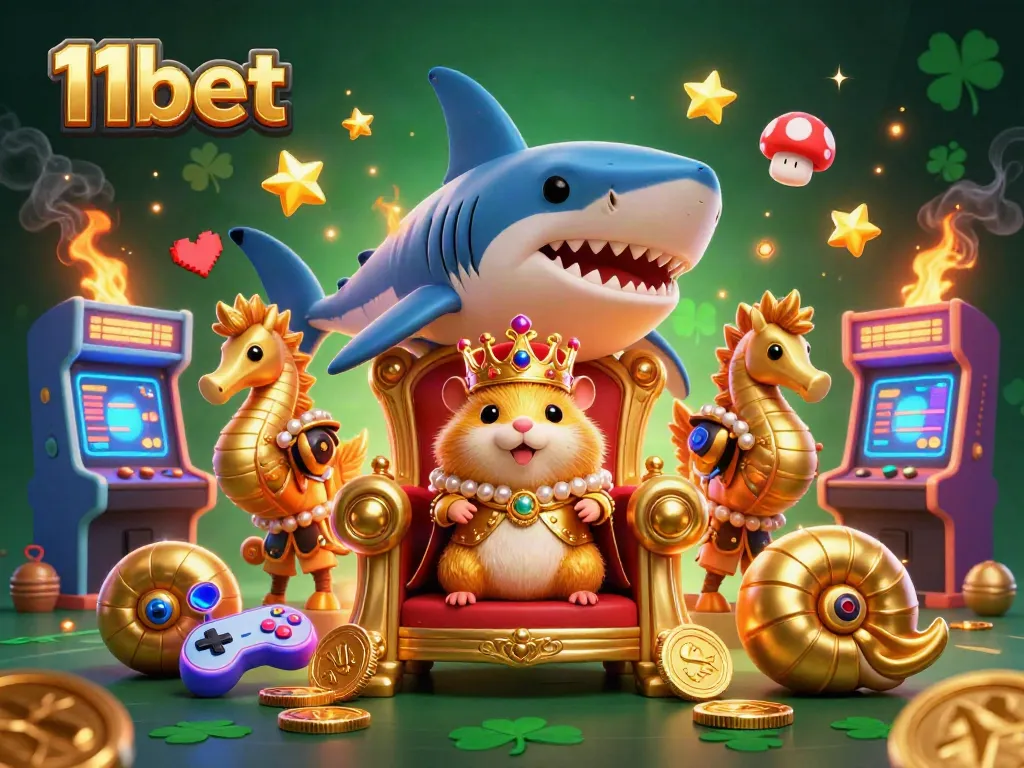 Engage with 11bet's vibrant gaming experience featuring a golden hamster king on a megalodon throne.