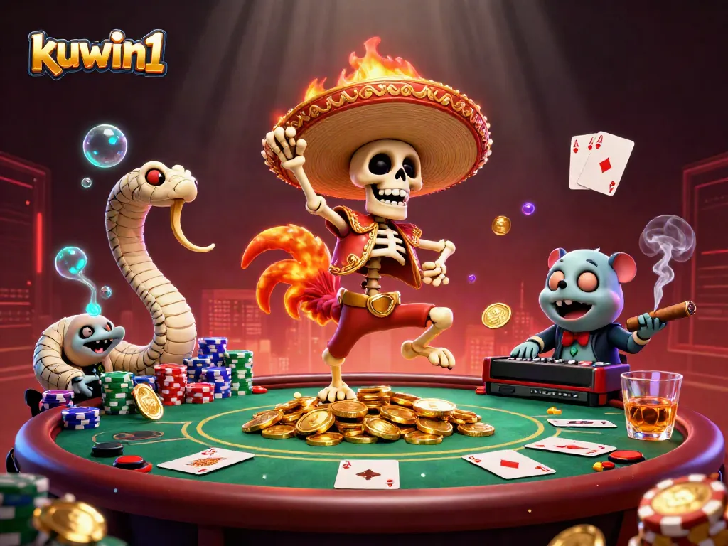 Kuwin1 engages players with a dynamic victory dance of a mariachi rooster amidst a vibrant casino scene.