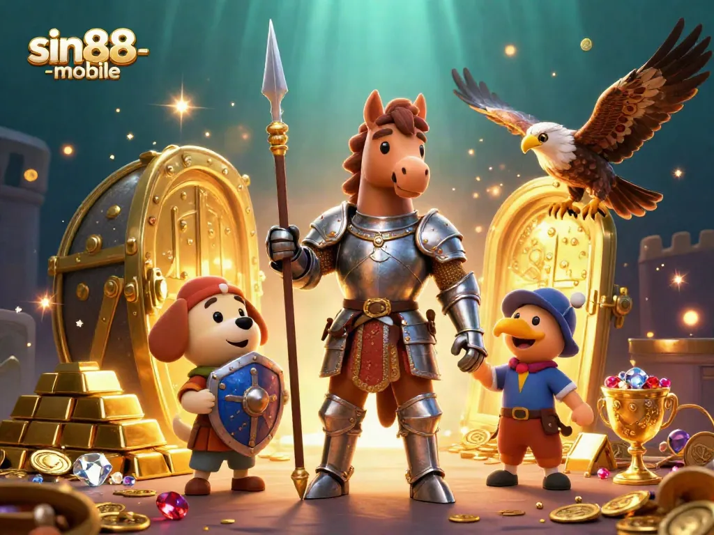 Immerse in the thrill of sin88-mobile with detailed 3D knight and treasures in this vibrant casino scene.