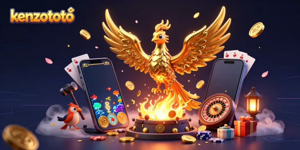 Kenzototo immersive fish shooting game scene with a golden phoenix and dynamic game elements.