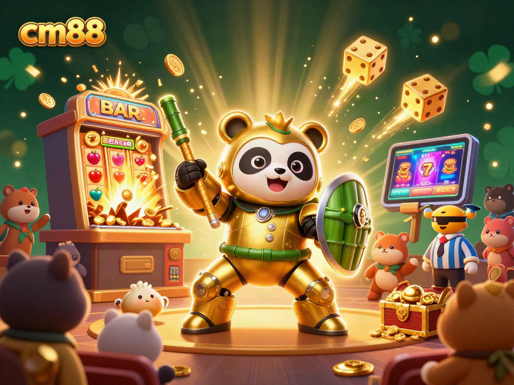 Engaging gaming scene showcasing cm88 with a panda mech, slot machines, and vibrant casino elements.