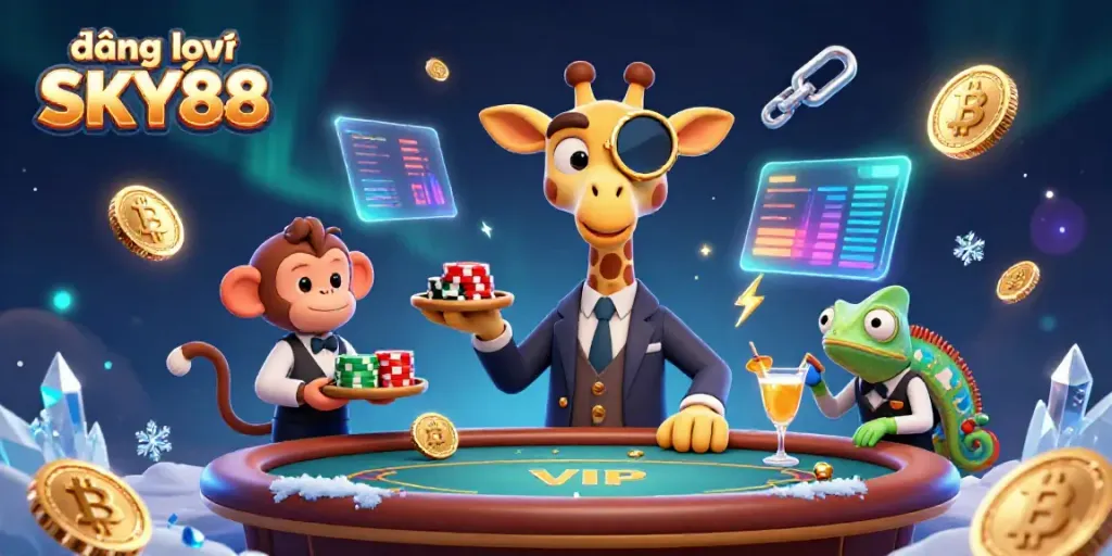 Engage in exciting gameplay with đăng nhập SKY88 at a dynamic 3D casino featuring vibrant characters and crypto elements.