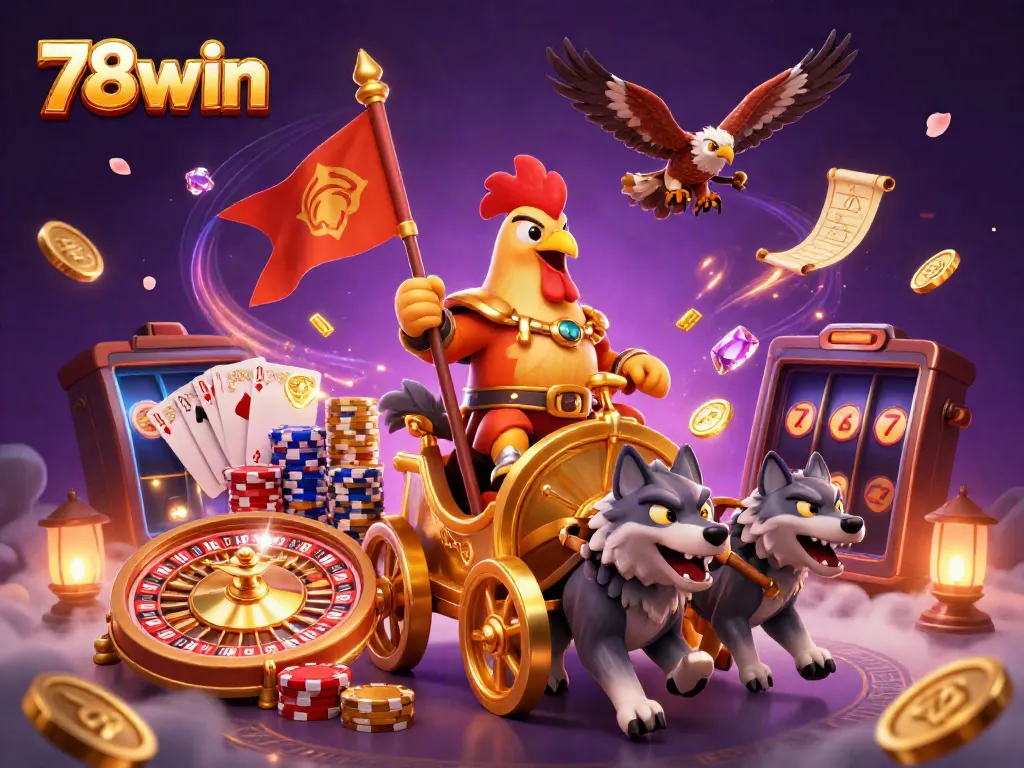 Experience the excitement of 78win with a vibrant 3D casino battle scene featuring iconic gaming elements.