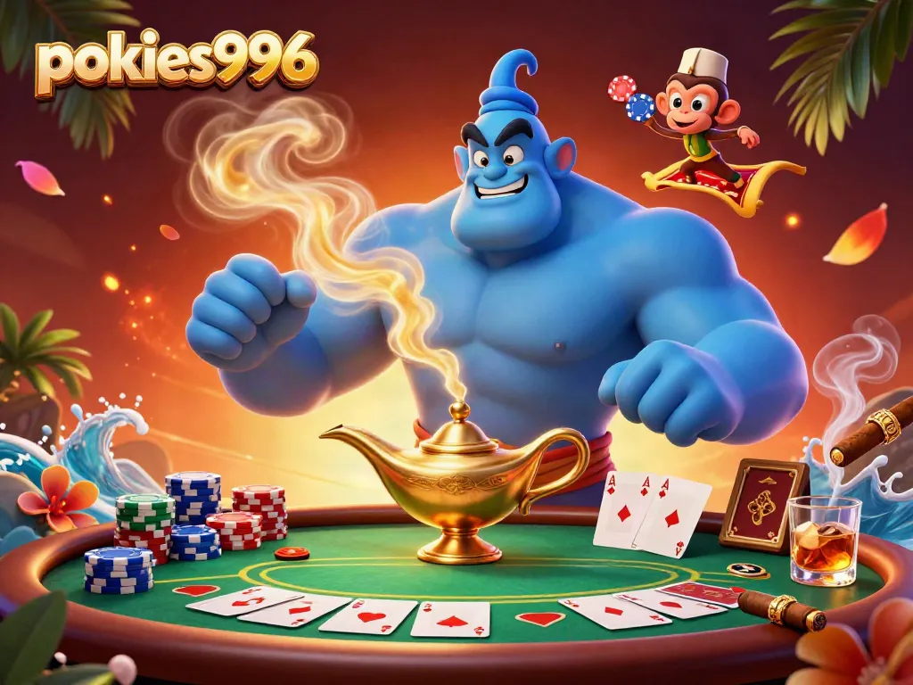 Experience the enchanting pokies996 realm with a magical genie, poker chips, and vibrant casino elements.