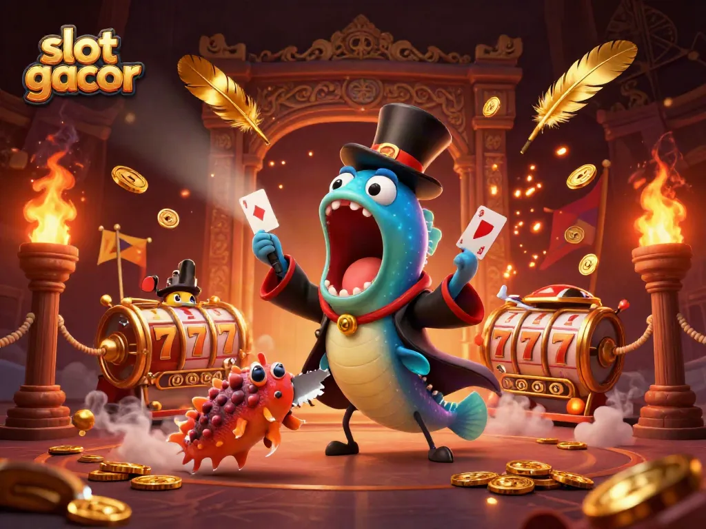 Experience the thrill of slot gacor through unique 3D gaming characters in a vibrant casino scene.