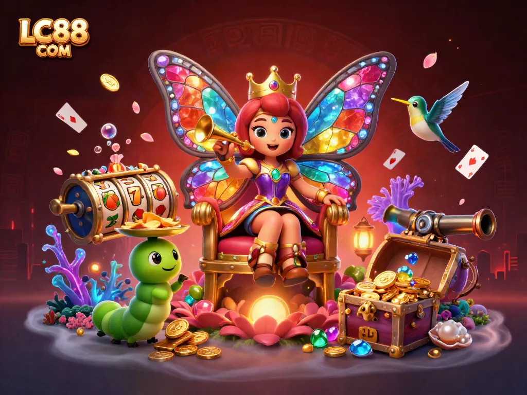 Experience thrilling gaming action with LC88 COM as butterfly queen reigns over casino treasures.