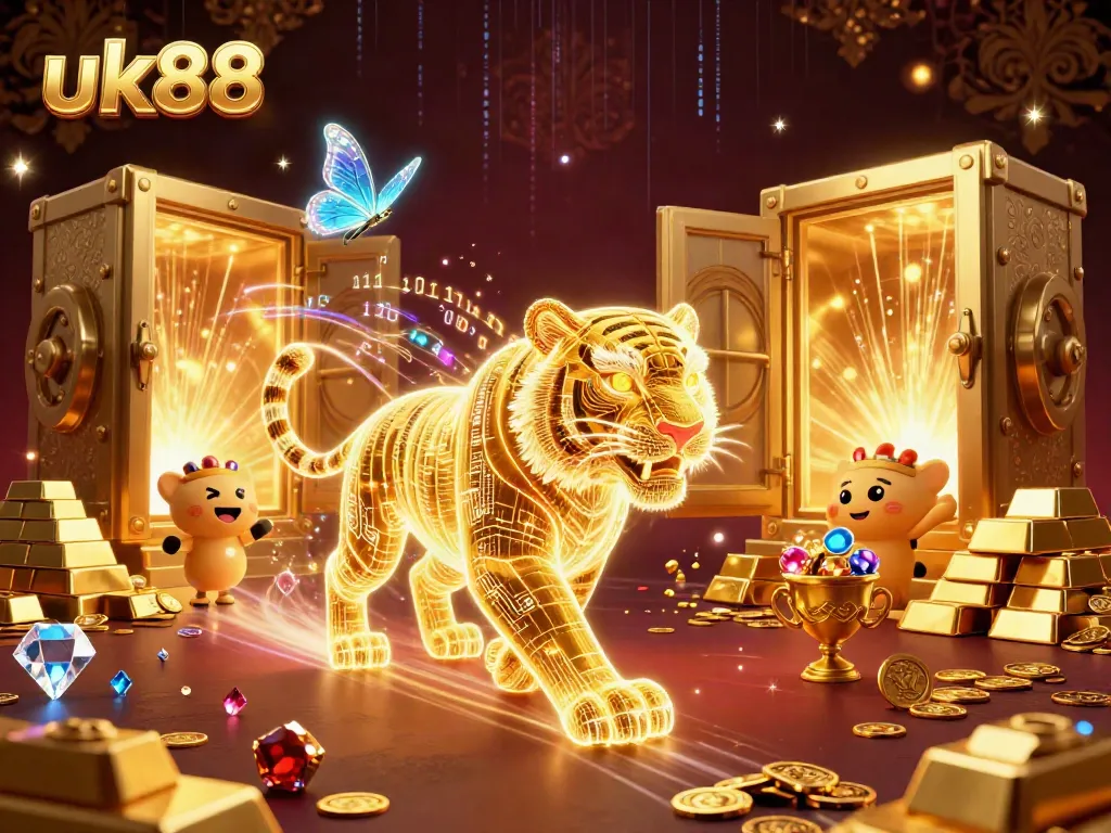 Engage with the thrilling atmosphere of uk88, featuring a neon tiger amidst a vibrant digital casino landscape.