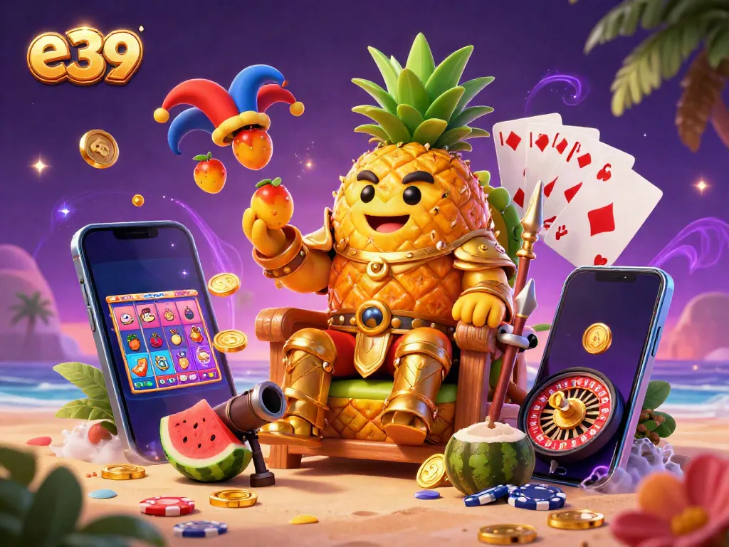 Experience the vibrant excitement of e39 with a golden pineapple king and gaming treasures around a beach casino scene.